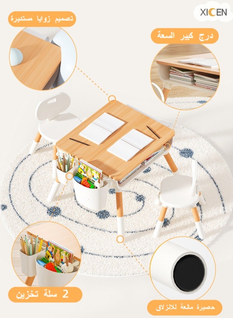 XICEN Kids Table with 2 Chairs Set, Height-Adjustable Toddler Desk and Chairs, Non-Slip Toddler Activity Table with Drawing Paper & Storage Basket, Ideal for Classrooms/Daycare/Home Use, Multifunctional Activity Table for Children - Image 2